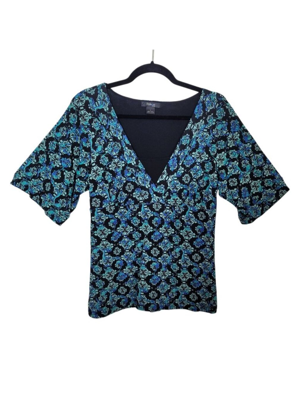 Style & Co Layered Nylon Blouse V-Neck Large Petite Black Blue Business Casual